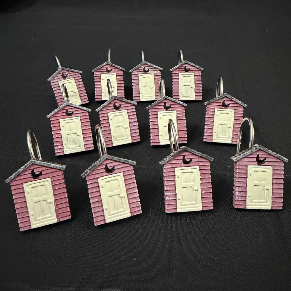 VTG Set 12 Rustic Outhouse Shower Curtain Hooks Mauve Pink Resin Crescent Moon